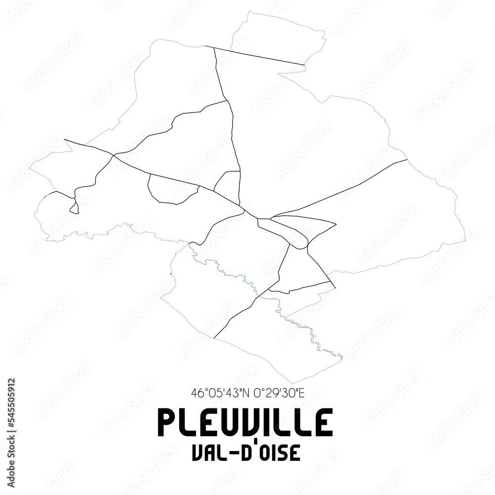 PLEUVILLE Val-d'Oise. Minimalistic street map with black and white lines.