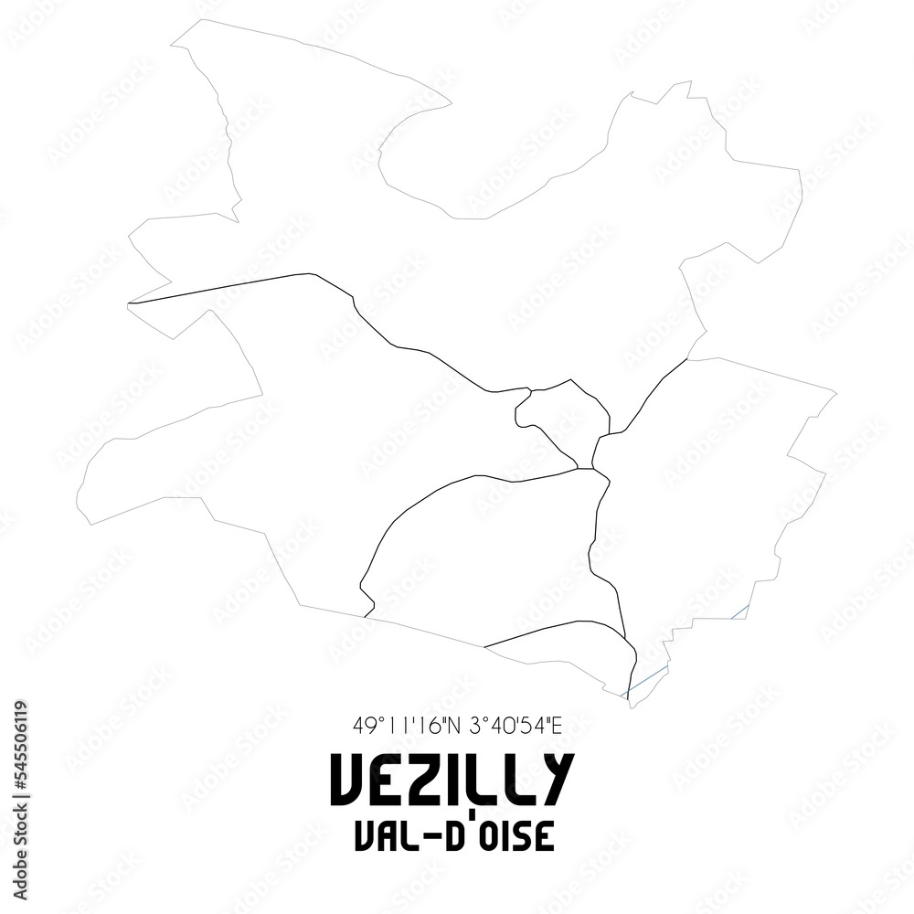 VEZILLY Val-d'Oise. Minimalistic street map with black and white lines.