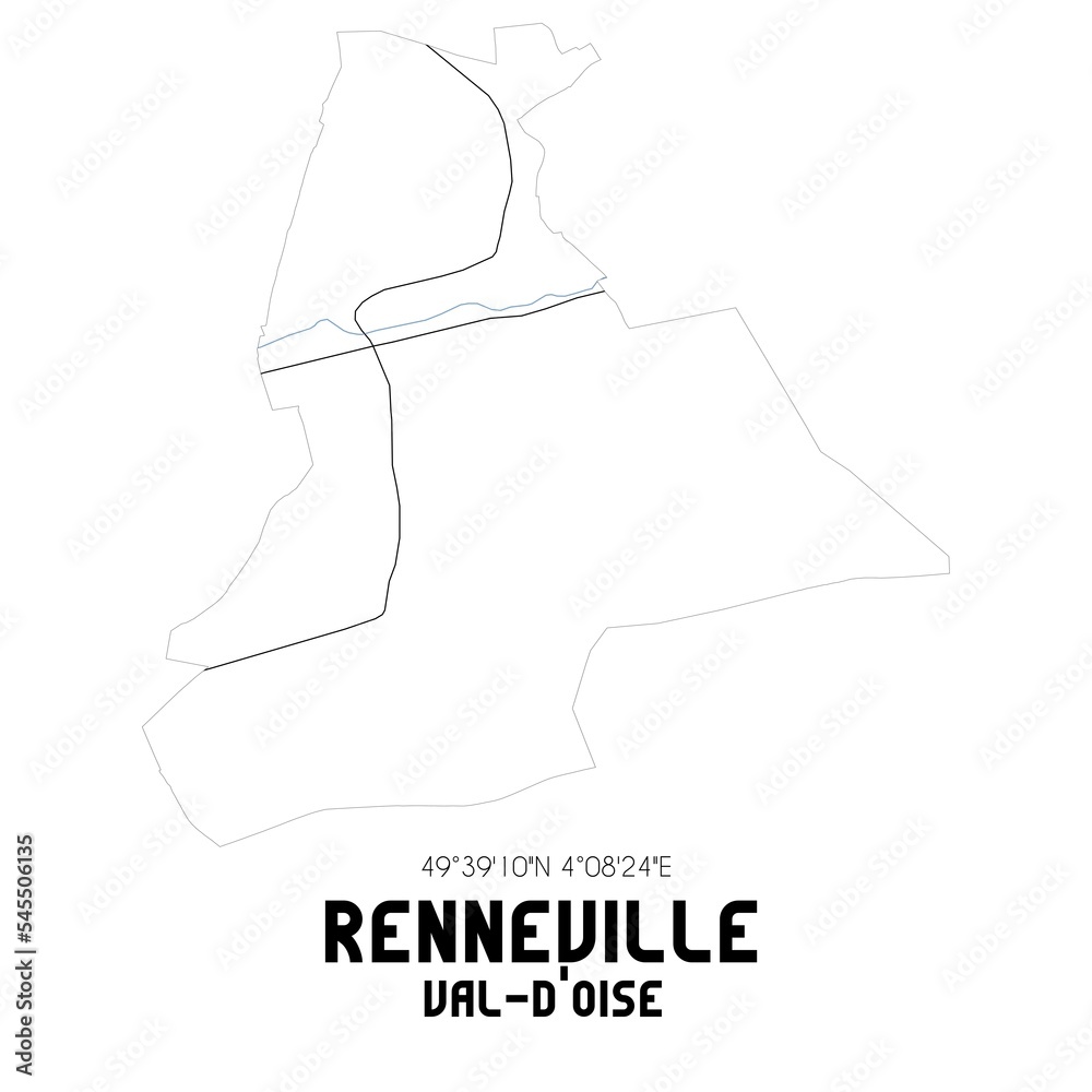 RENNEVILLE Val-d'Oise. Minimalistic street map with black and white lines.