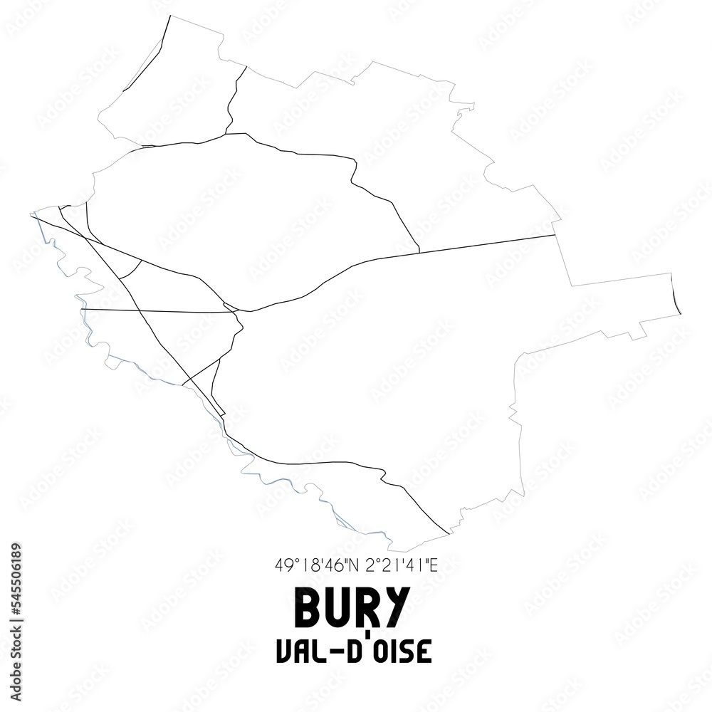 BURY Val-d'Oise. Minimalistic street map with black and white lines.