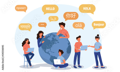 Young people chatting in foreign languages. Vector illustration for web banner, infographics, mobile. Male and female cartoon characters speaking different languages.