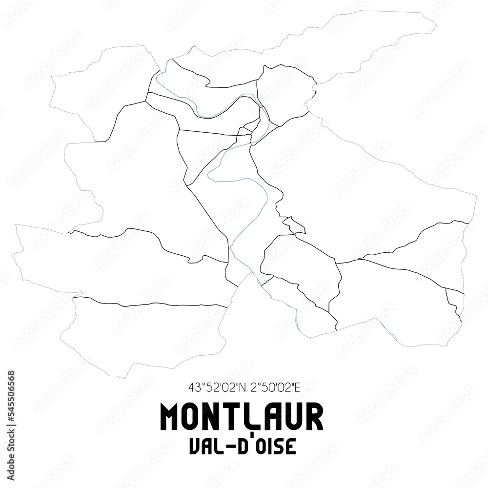MONTLAUR Val-d'Oise. Minimalistic street map with black and white lines. MONTLAUR Val-d'Oise. Minimalistic street map with black and white lines.