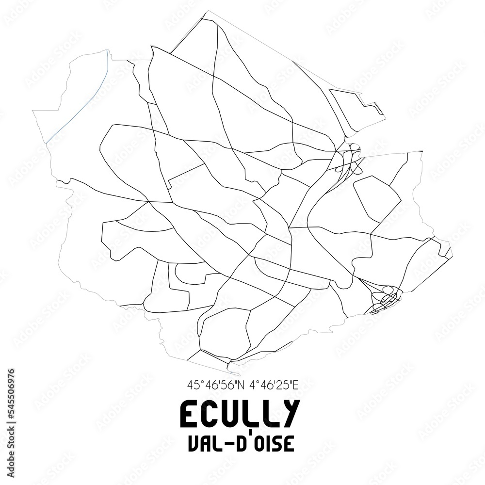 Obraz premium ECULLY Val-d'Oise. Minimalistic street map with black and white lines.