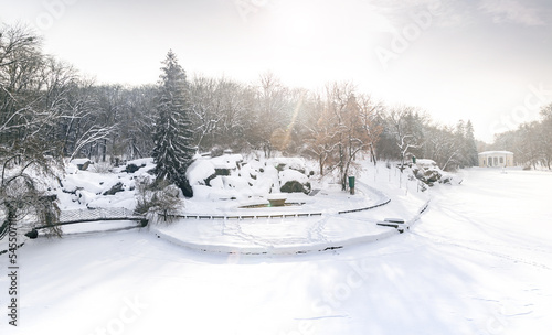 Beautiful winter view of the pond Ionian sea, Flora Pavilion and Assembly square in the park Sofiyivka, Uman, Ukraine