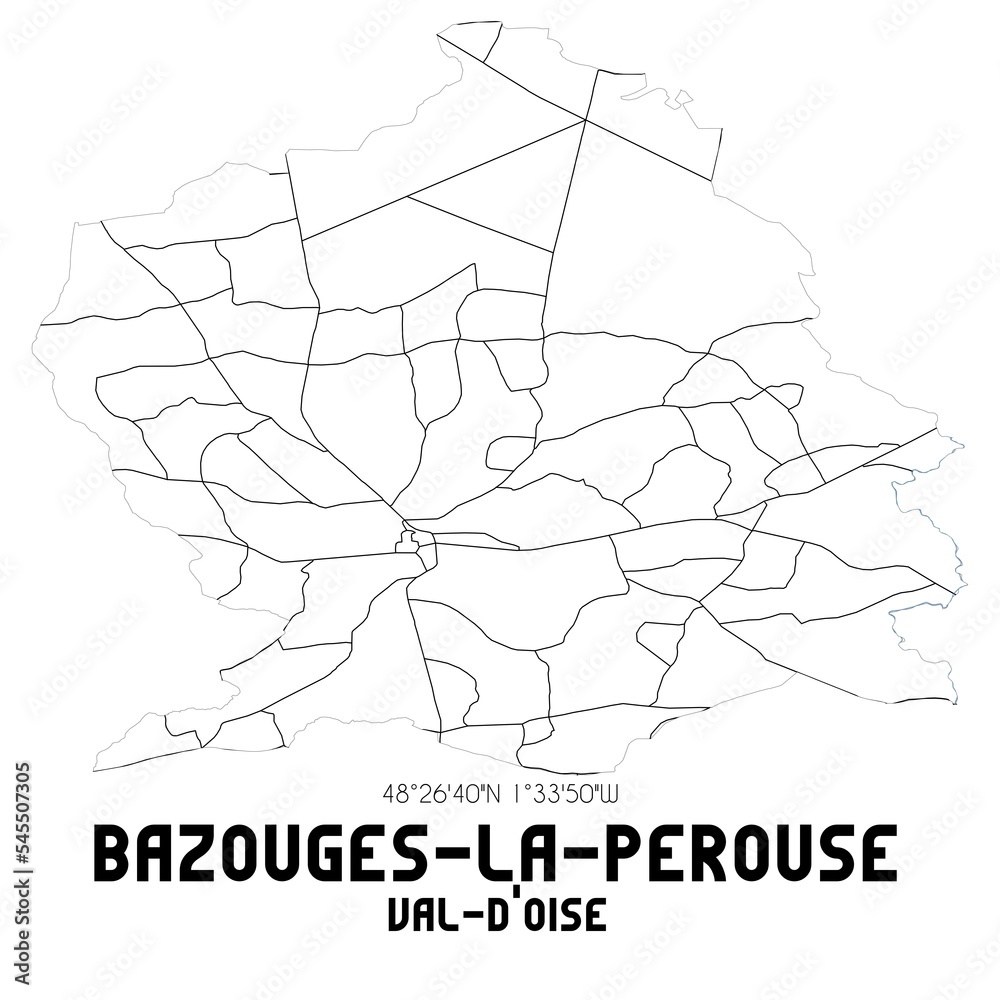 BAZOUGES-LA-PEROUSE Val-d'Oise. Minimalistic street map with black and ...