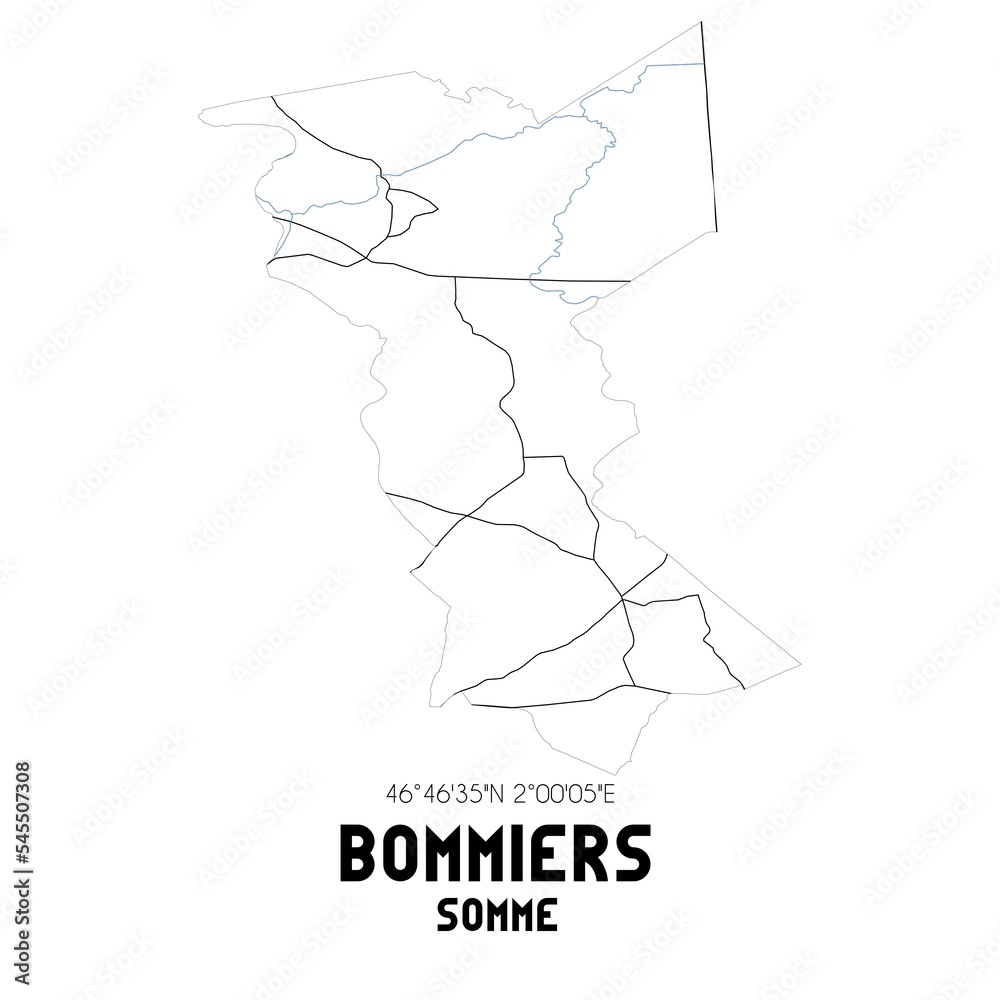 BOMMIERS Somme. Minimalistic street map with black and white lines.