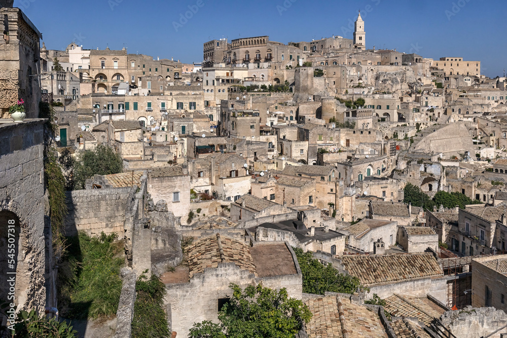 MATERA, ITALY - OCTOBER 17, 2022:  View of the old town with the Cathedral in the background