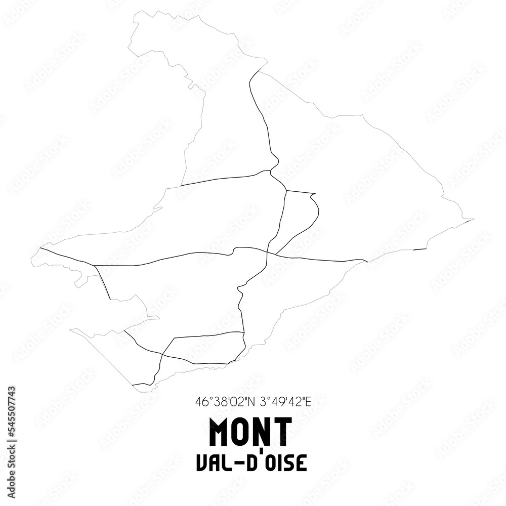 MONT Val-d'Oise. Minimalistic street map with black and white lines. MONT Val-d'Oise. Minimalistic street map with black and white lines.