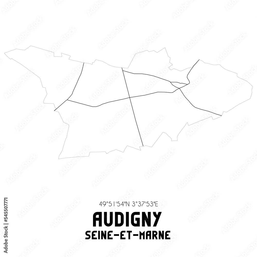 AUDIGNY Seine-et-Marne. Minimalistic street map with black and white lines. AUDIGNY Seine-et-Marne. Minimalistic street map with black and white lines.