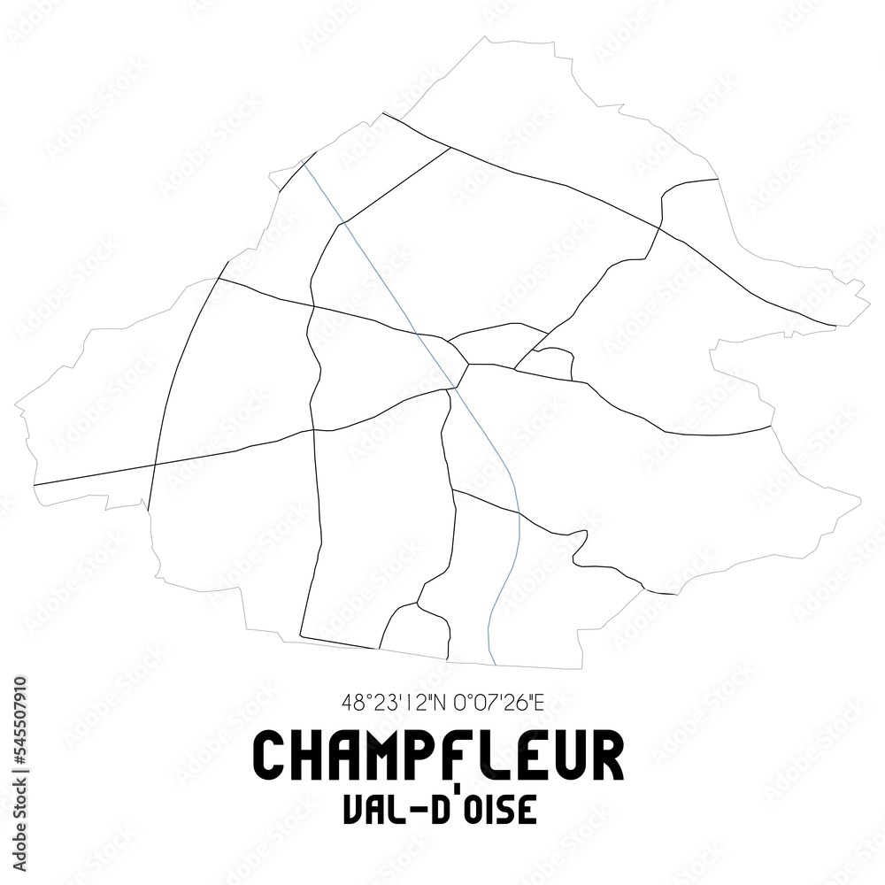CHAMPFLEUR Val-d'Oise. Minimalistic street map with black and white lines. CHAMPFLEUR Val-d'Oise. Minimalistic street map with black and white lines.