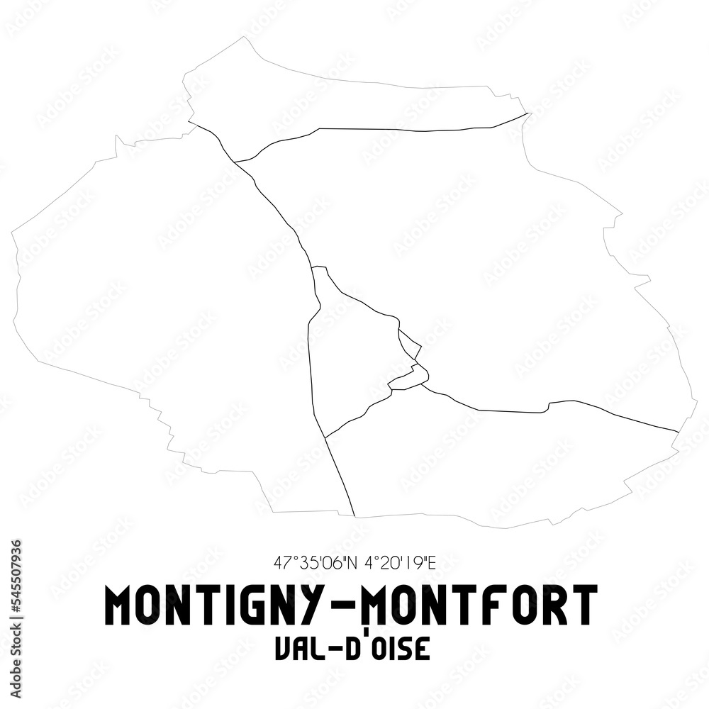 MONTIGNY-MONTFORT Val-d'Oise. Minimalistic street map with black and white lines.