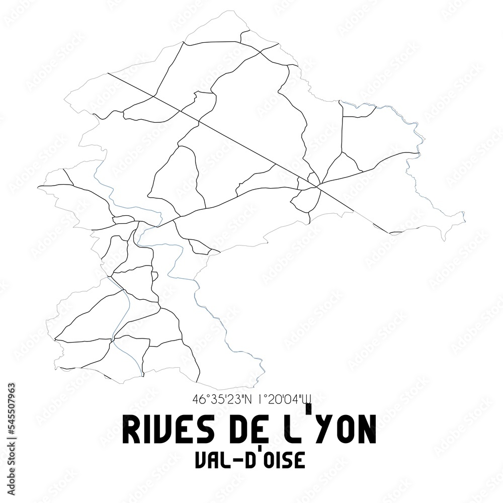 RIVES DE L'YON Val-d'Oise. Minimalistic street map with black and white lines. RIVES DE L'YON Val-d'Oise. Minimalistic street map with black and white lines.