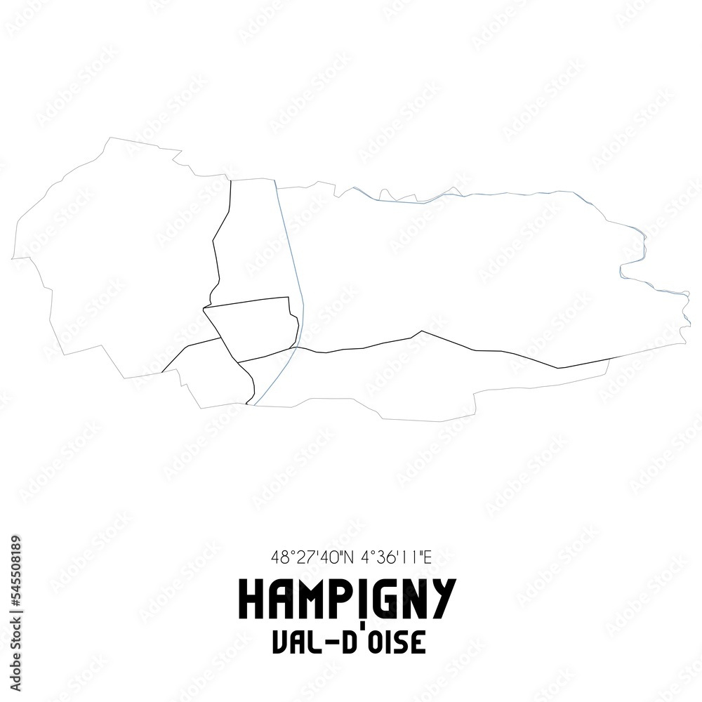 HAMPIGNY Val-d'Oise. Minimalistic street map with black and white lines. HAMPIGNY Val-d'Oise. Minimalistic street map with black and white lines.