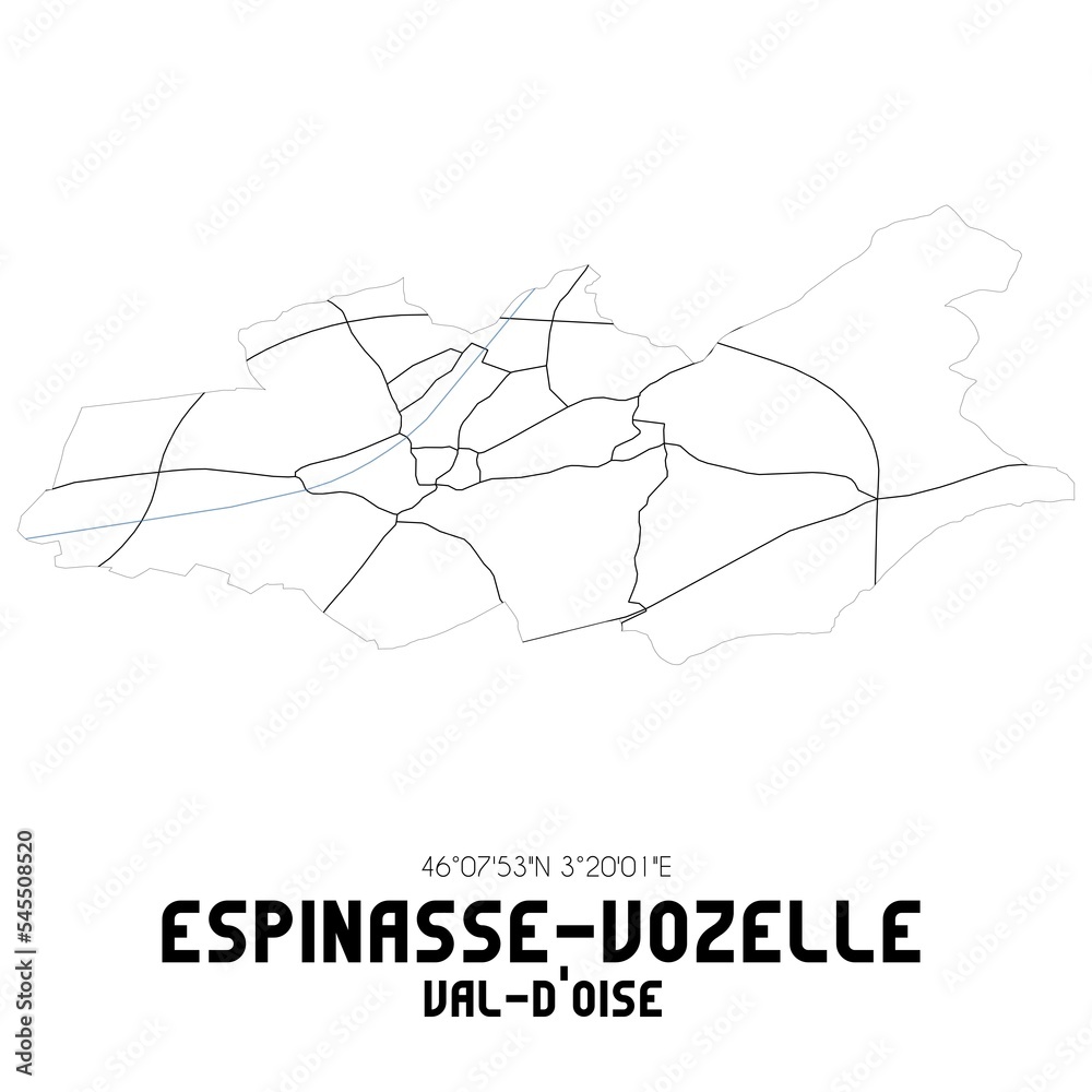ESPINASSE-VOZELLE Val-d'Oise. Minimalistic street map with black and white lines. ESPINASSE-VOZELLE Val-d'Oise. Minimalistic street map with black and white lines.