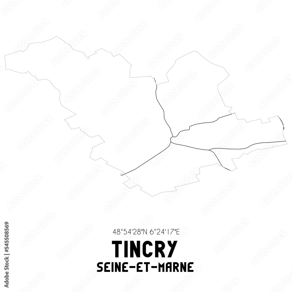 TINCRY Seine-et-Marne. Minimalistic street map with black and white lines.