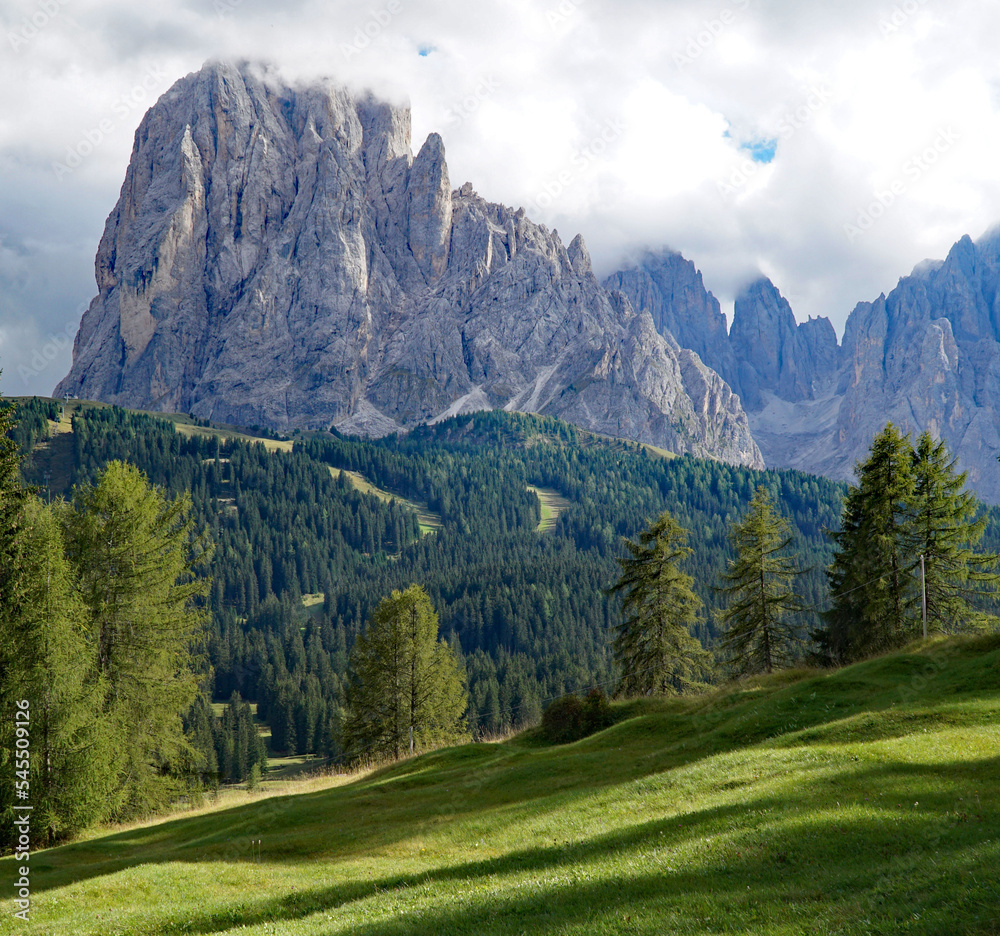 Majestic mountain view in the dolomites: Distinctive Sassolungo mountain group at gardena valley in south tyrol.	
