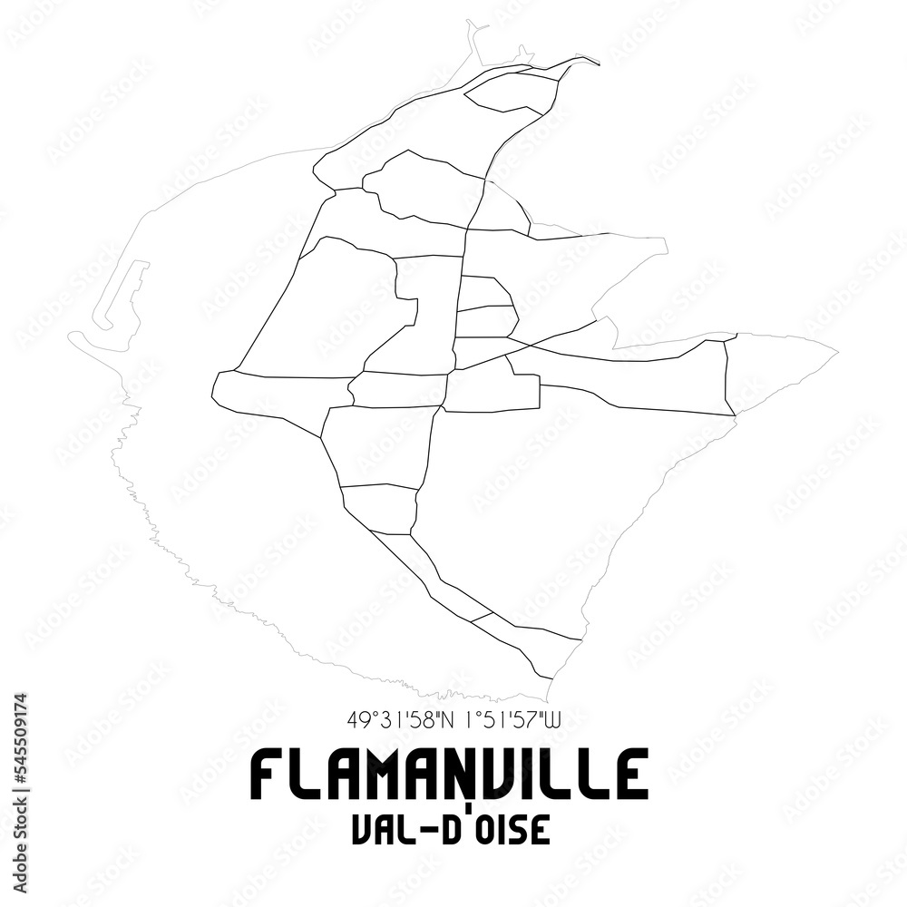 FLAMANVILLE Val-d'Oise. Minimalistic street map with black and white lines. FLAMANVILLE Val-d'Oise. Minimalistic street map with black and white lines.
