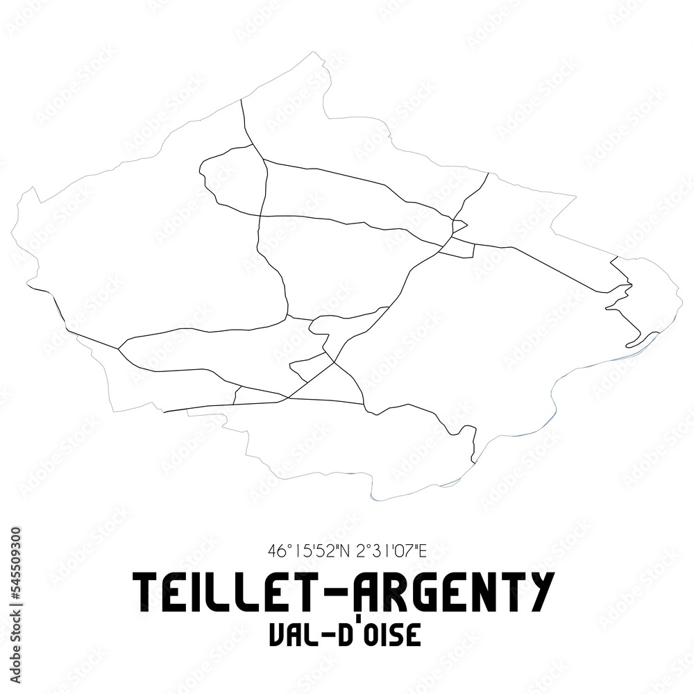 TEILLET-ARGENTY Val-d'Oise. Minimalistic street map with black and white lines.