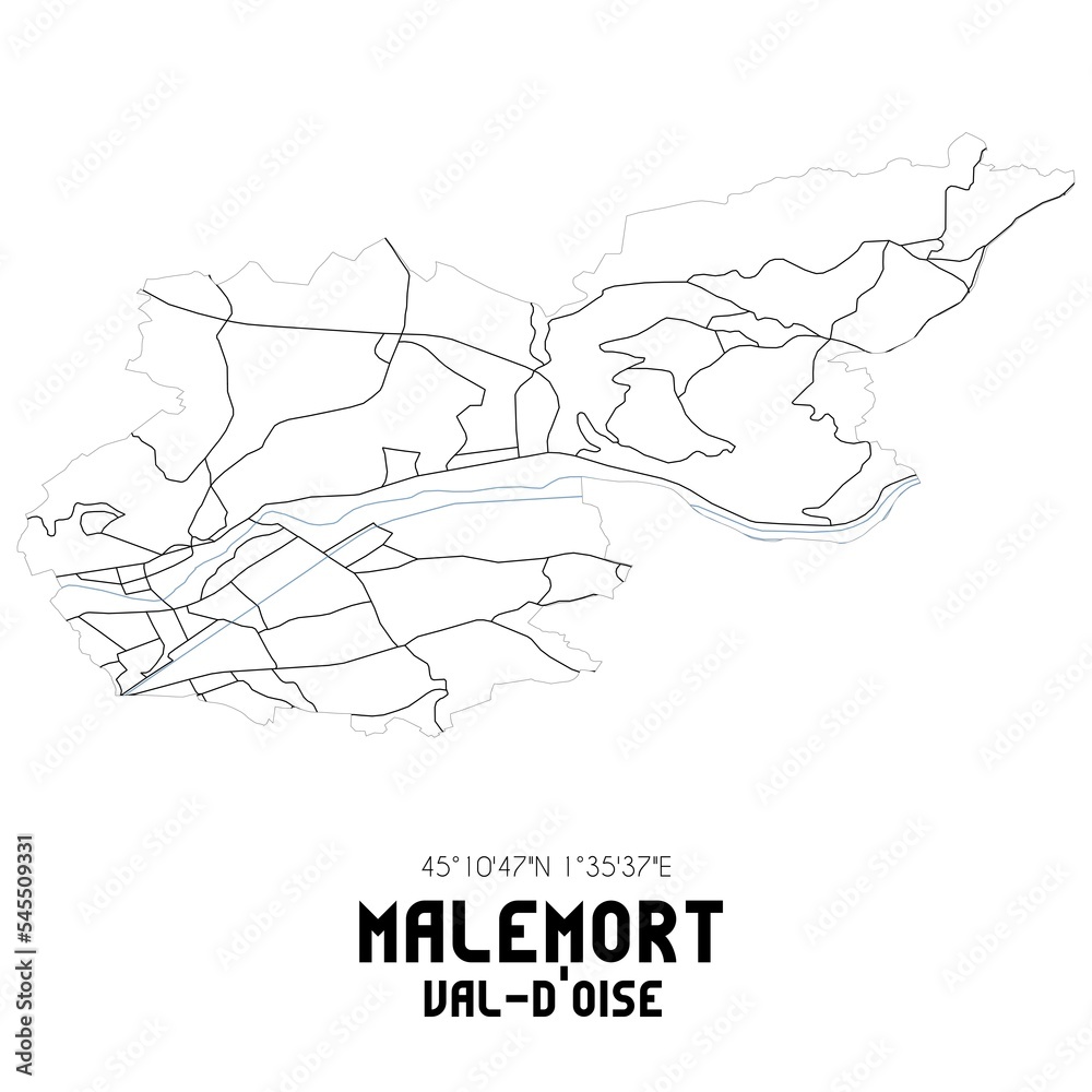 MALEMORT Val-d'Oise. Minimalistic street map with black and white lines.