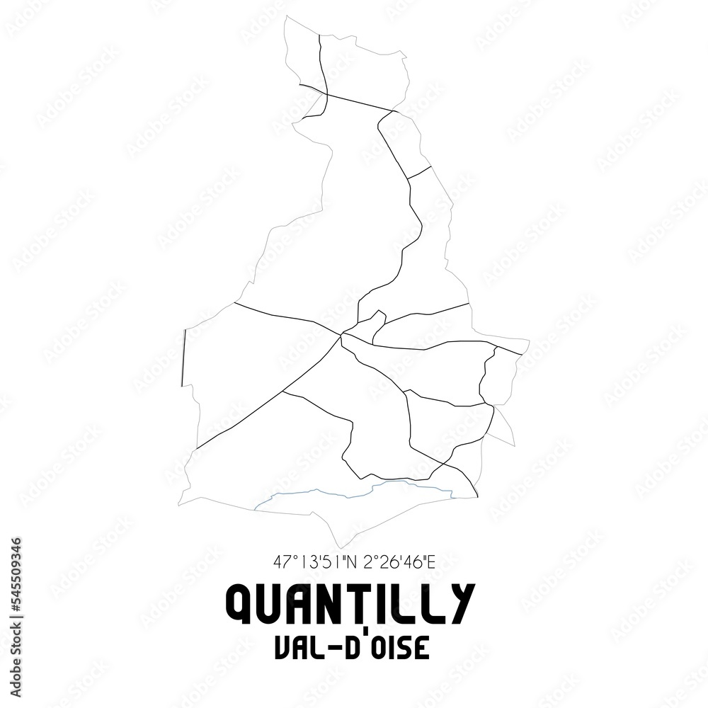 QUANTILLY Val-d'Oise. Minimalistic street map with black and white lines.