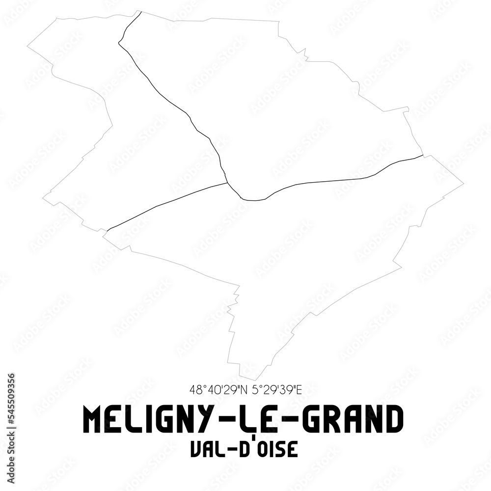 MELIGNY-LE-GRAND Val-d'Oise. Minimalistic street map with black and white lines.