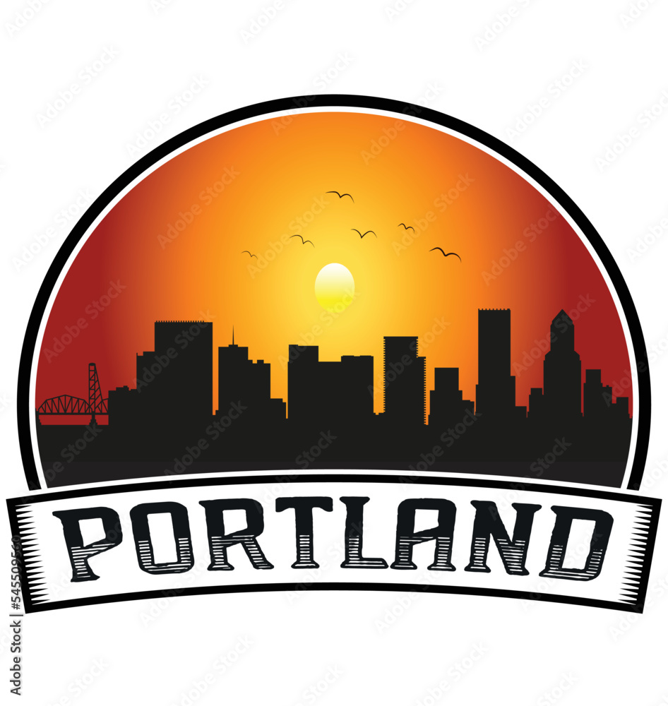 Portland Oregon USA Skyline Sunset Travel Souvenir Sticker Logo Badge Stamp Emblem Coat of Arms Vector Illustration EPS