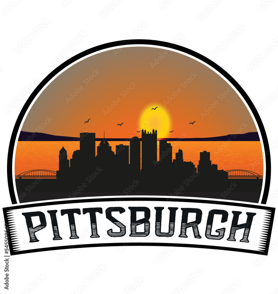Pittsburgh Pennsylvania USA Skyline Sunset Travel Souvenir Sticker Logo Badge Stamp Emblem Coat of Arms Vector Illustration EPS