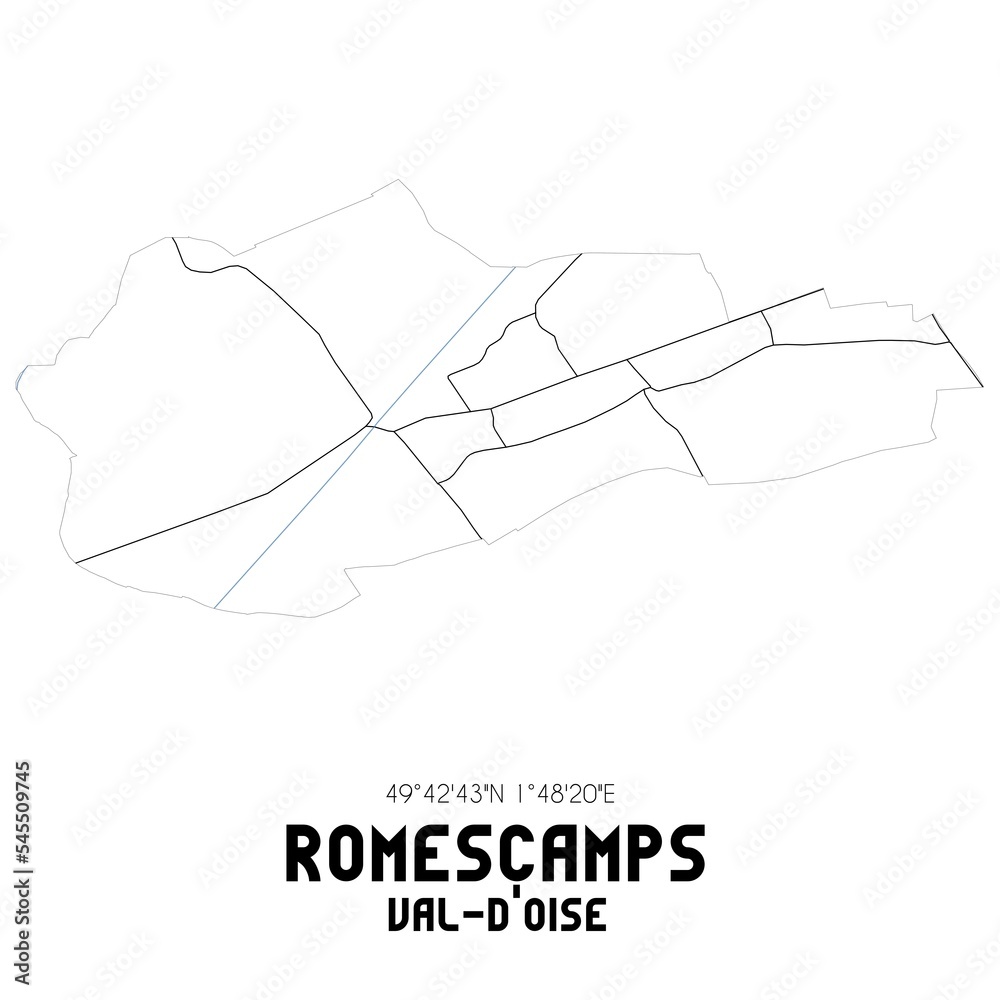 ROMESCAMPS Val-d'Oise. Minimalistic street map with black and white lines. ROMESCAMPS Val-d'Oise. Minimalistic street map with black and white lines.