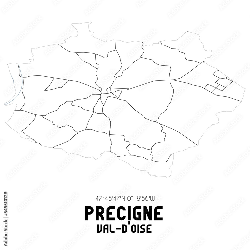 PRECIGNE Val-d'Oise. Minimalistic street map with black and white lines. PRECIGNE Val-d'Oise. Minimalistic street map with black and white lines.