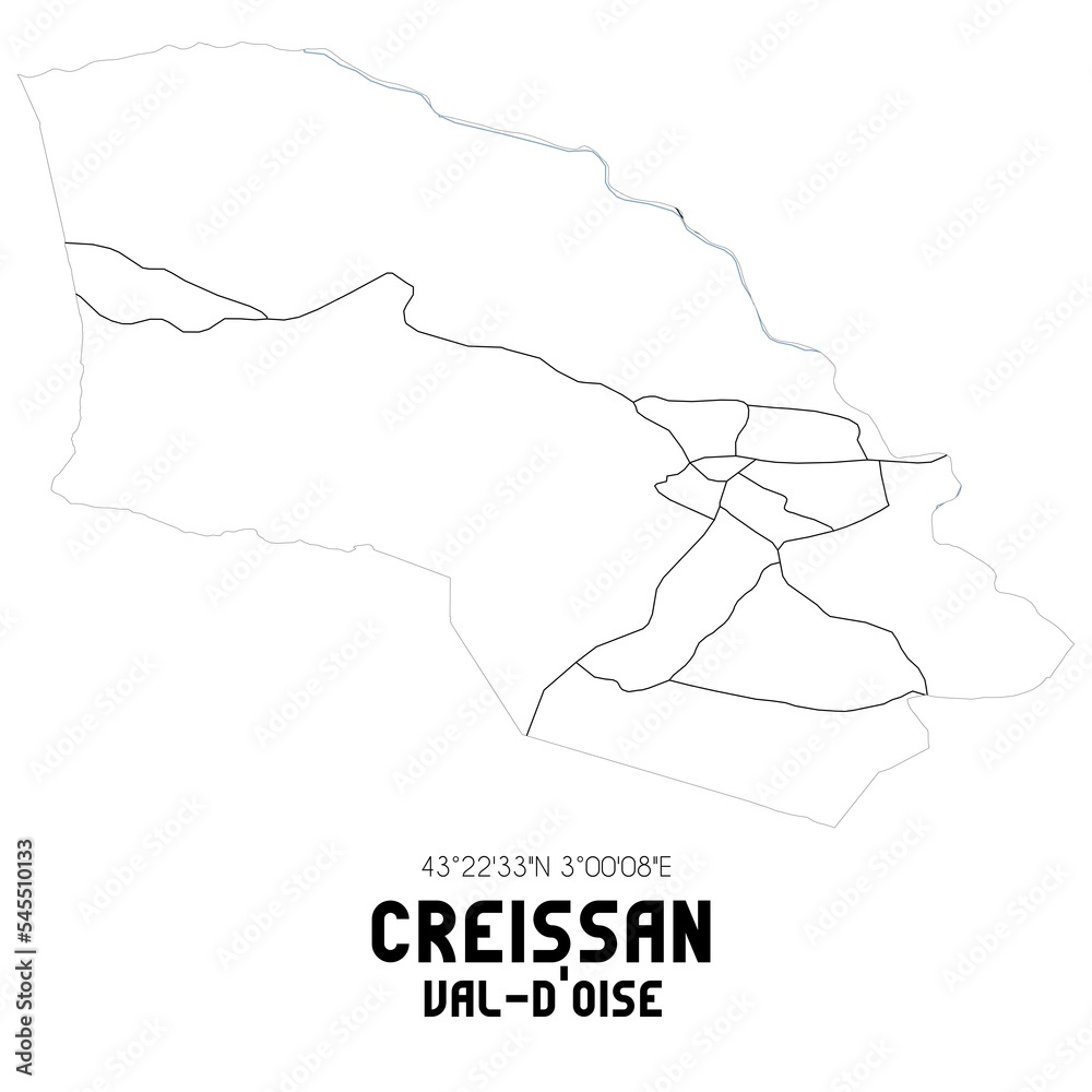 CREISSAN Val-d'Oise. Minimalistic street map with black and white lines. CREISSAN Val-d'Oise. Minimalistic street map with black and white lines.
