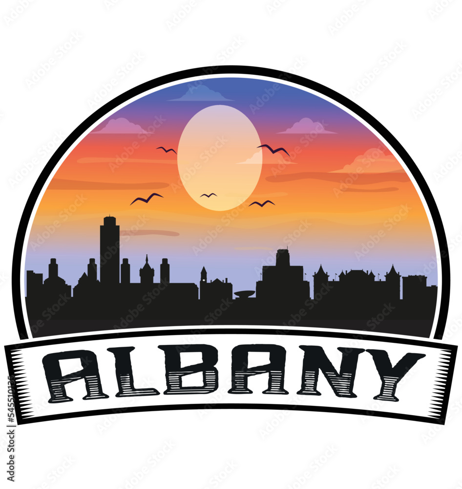 Albany New York USA Skyline Sunset Travel Souvenir Sticker Logo Badge Stamp Emblem Coat of Arms Vector Illustration EPS