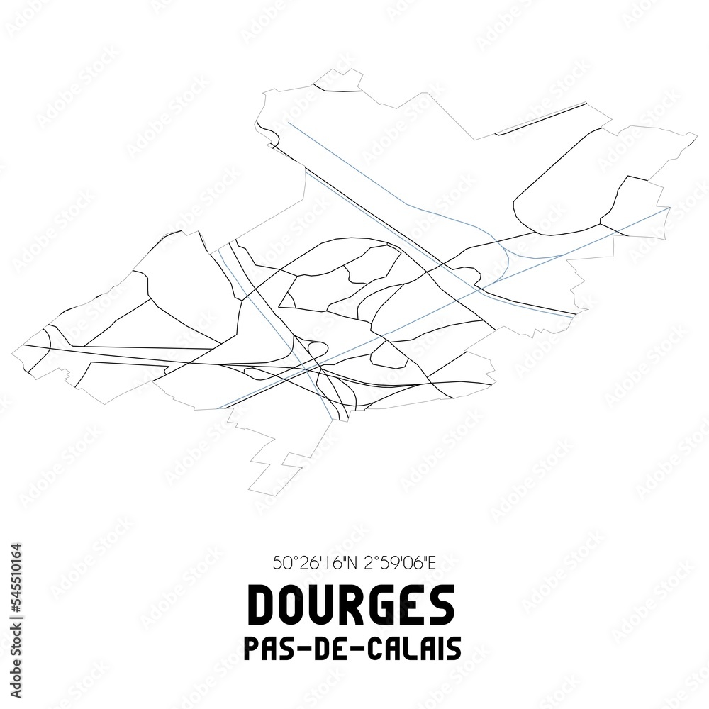 DOURGES Pas-de-Calais. Minimalistic street map with black and white lines.