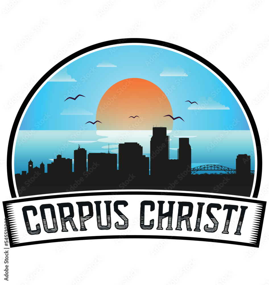 Corpus Christi Texas USA Skyline Sunset Travel Souvenir Sticker Logo Badge Stamp Emblem Coat of Arms Vector Illustration EPS