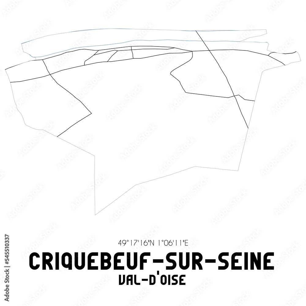 Fototapeta CRIQUEBEUF-SUR-SEINE Val-d'Oise. Minimalistic street map with black and white lines.