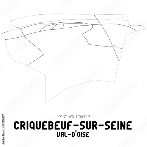 CRIQUEBEUF-SUR-SEINE Val-d'Oise. Minimalistic street map with black and white lines.
