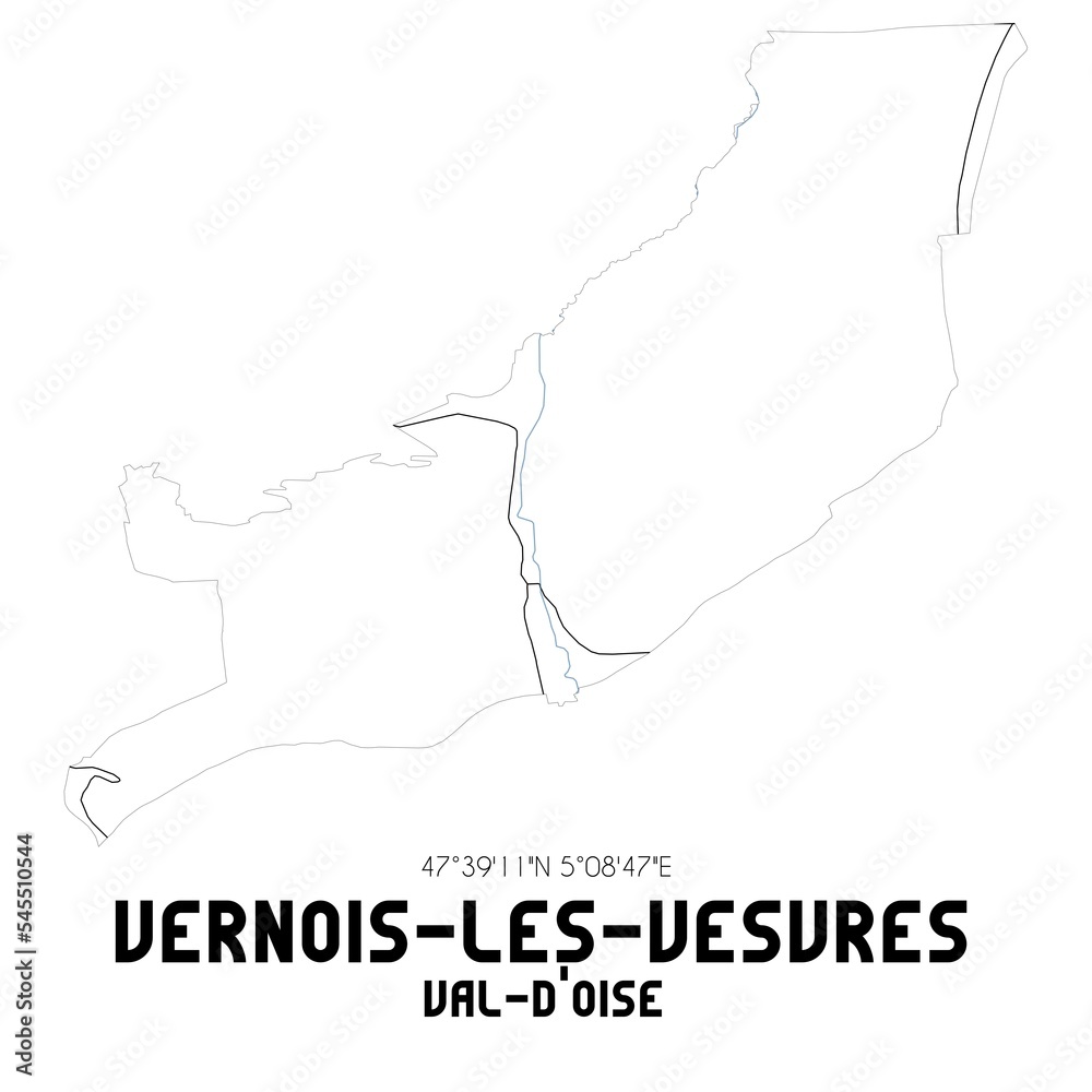 VERNOIS-LES-VESVRES Val-d'Oise. Minimalistic street map with black and white lines.