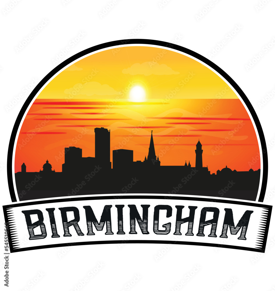 Birmingham England Skyline Sunset Travel Souvenir Sticker Logo Badge Stamp Emblem Coat of Arms Vector Illustration EPS