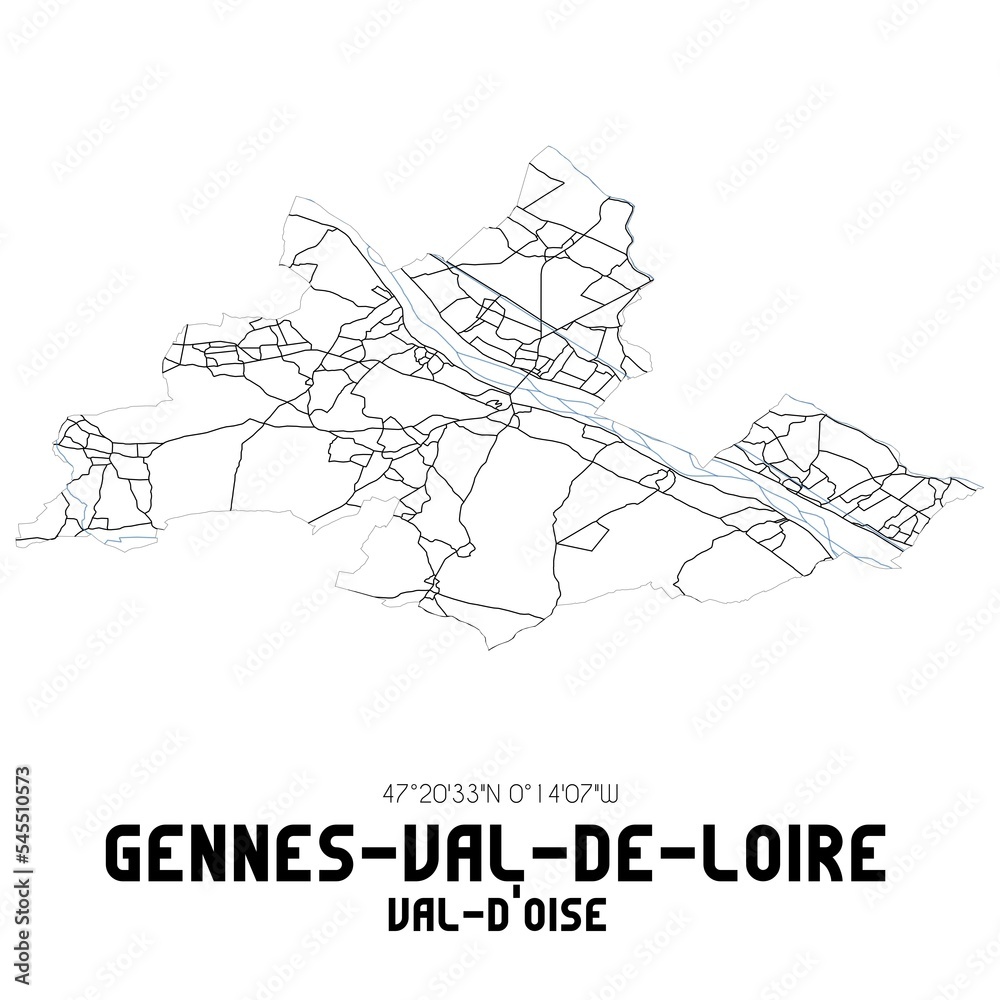 GENNES-VAL-DE-LOIRE Val-d'Oise. Minimalistic street map with black and white lines.