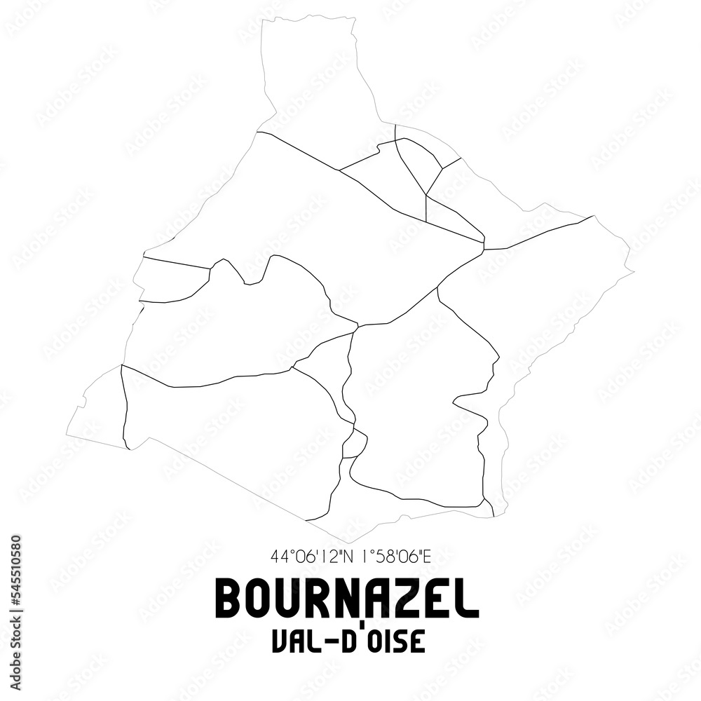 BOURNAZEL Val-d'Oise. Minimalistic street map with black and white lines. BOURNAZEL Val-d'Oise. Minimalistic street map with black and white lines.