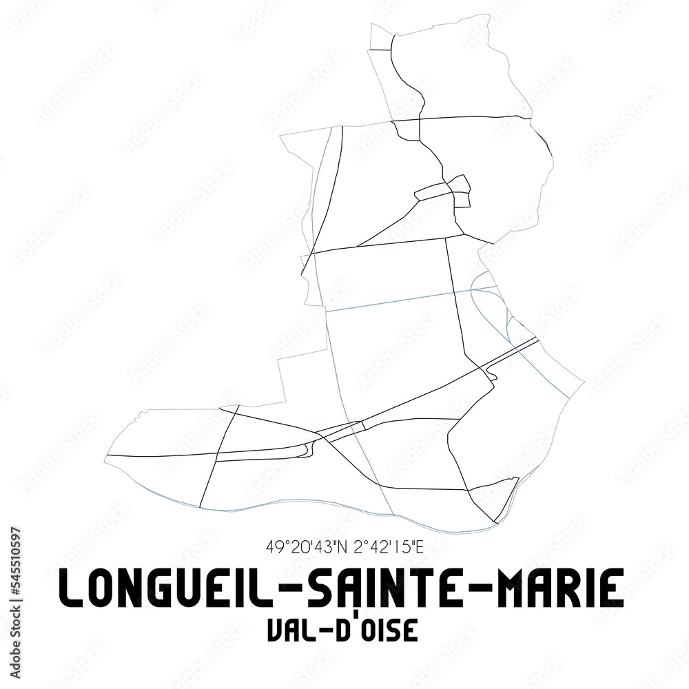 LONGUEIL-SAINTE-MARIE Val-d'Oise. Minimalistic street map with black and white lines. LONGUEIL-SAINTE-MARIE Val-d'Oise. Minimalistic street map with black and white lines.
