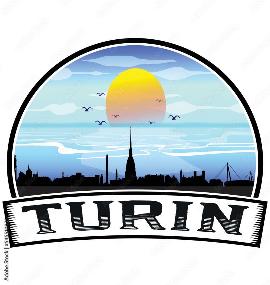 Turin Italy Skyline Sunset Travel Souvenir Sticker Logo Badge Stamp Emblem Coat of Arms Vector Illustration EPS