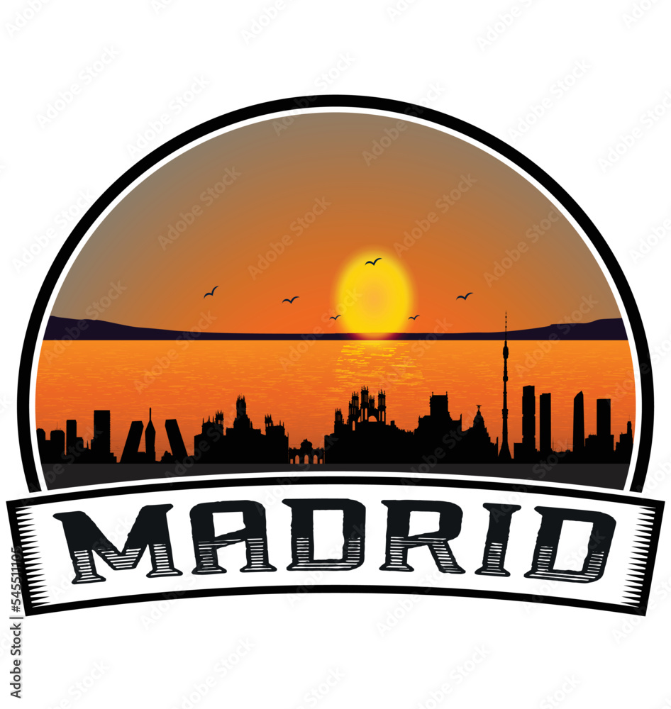 Madrid Spain Skyline Sunset Travel Souvenir Sticker Logo Badge Stamp Emblem Coat of Arms Vector Illustration EPS