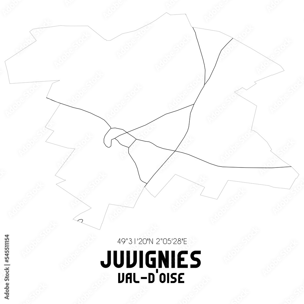 JUVIGNIES Val-d'Oise. Minimalistic street map with black and white lines.