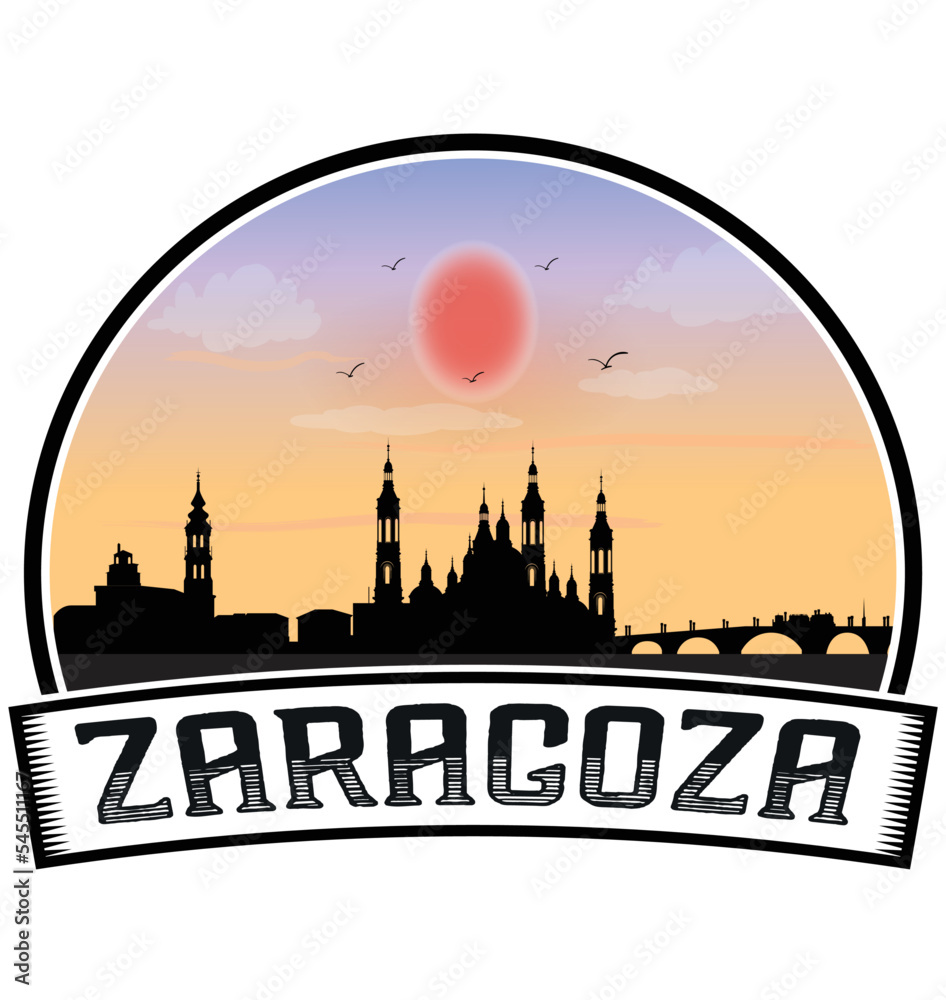 Zaragoza Spain Skyline Sunset Travel Souvenir Sticker Logo Badge Stamp Emblem Coat of Arms Vector Illustration EPS