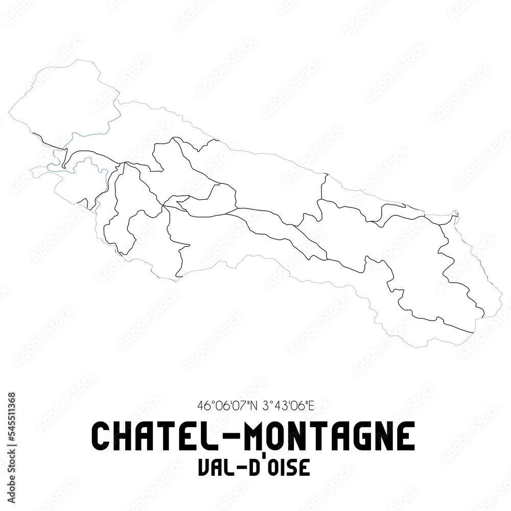 CHATEL-MONTAGNE Val-d'Oise. Minimalistic street map with black and white lines.