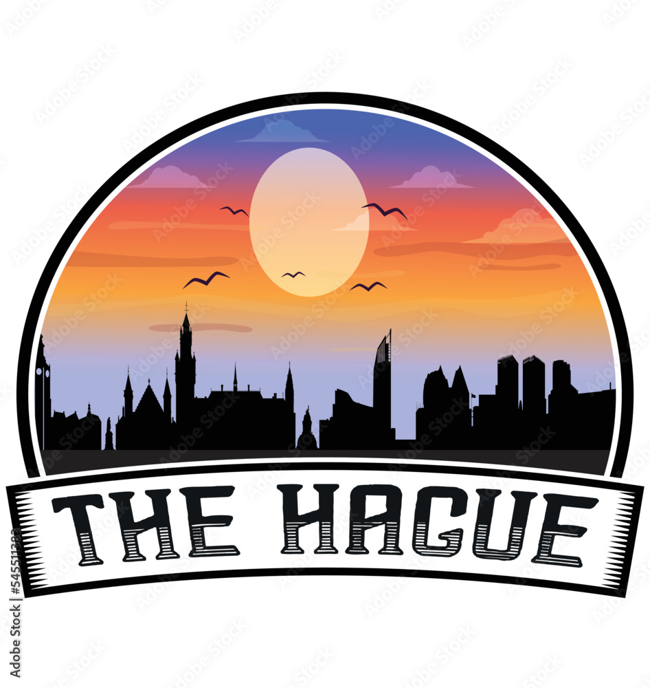 The Hague Netherlands Skyline Sunset Travel Souvenir Sticker Logo Badge Stamp Emblem Coat of Arms Vector Illustration EPS