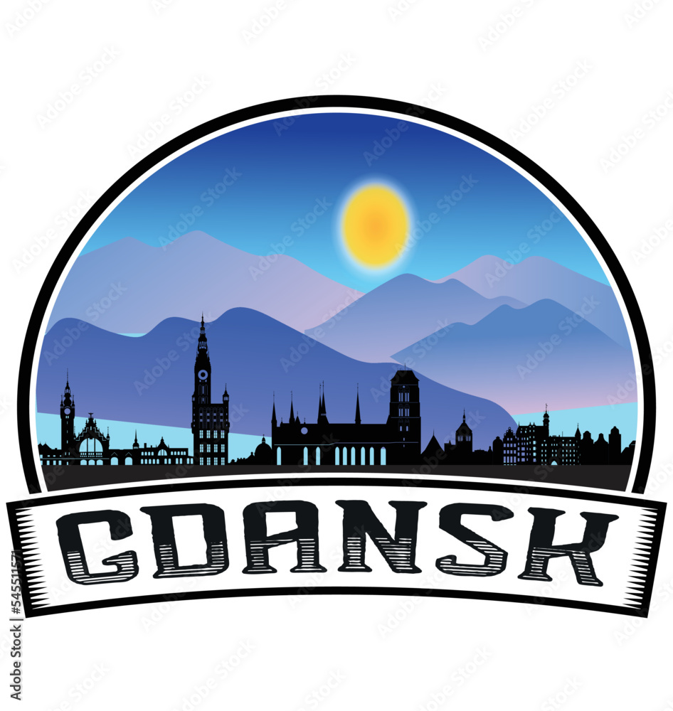 Gdansk Poland Skyline Sunset Travel Souvenir Sticker Logo Badge Stamp Emblem Coat of Arms Vector Illustration EPS