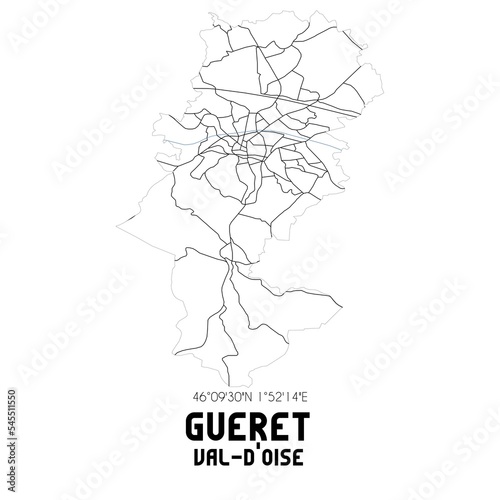 GUERET Val-d'Oise. Minimalistic street map with black and white lines.