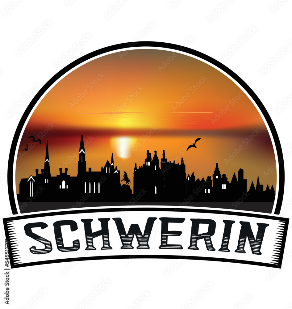 Schwerin Germany Skyline Sunset Travel Souvenir Sticker Logo Badge Stamp Emblem Coat of Arms Vector Illustration EPS