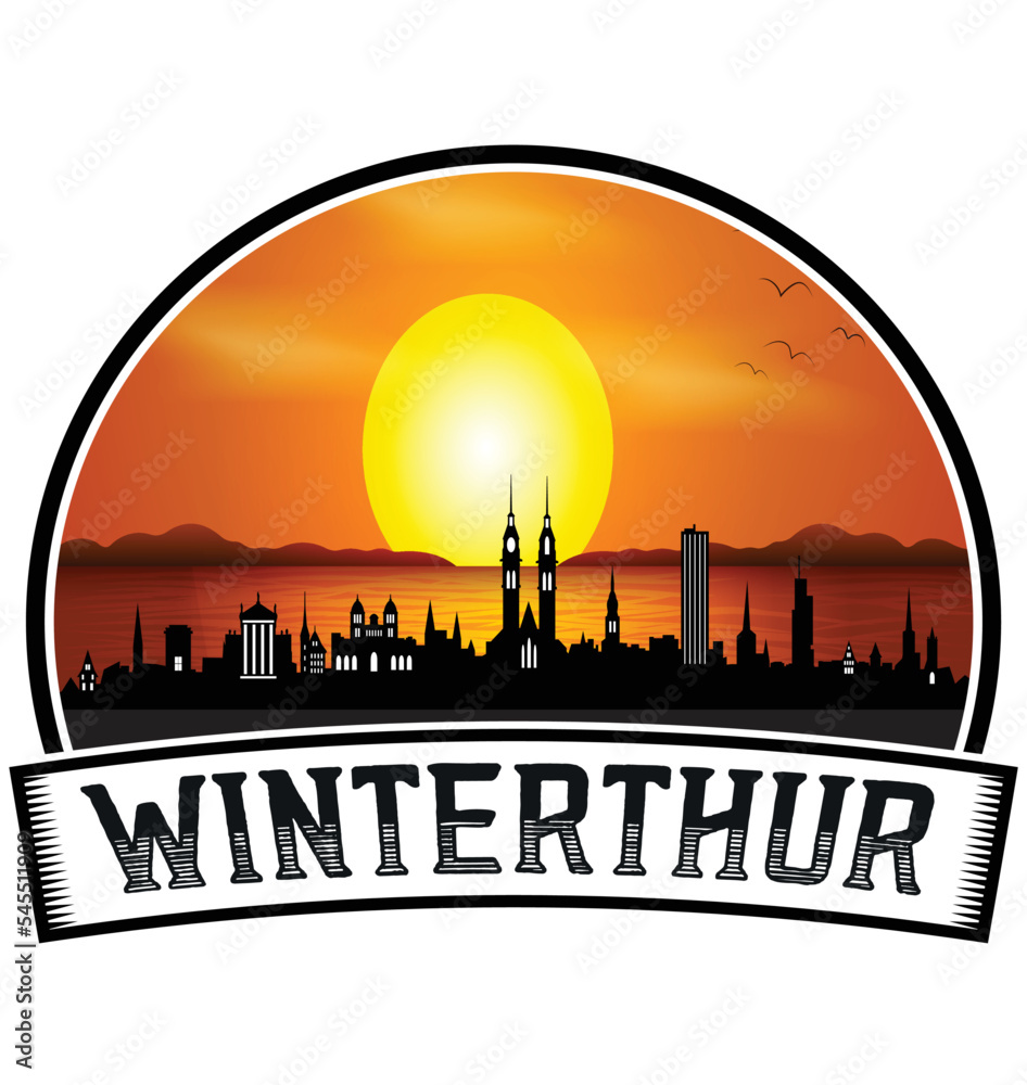 Winterthur Switzerland Skyline Sunset Travel Souvenir Sticker Logo Badge Stamp Emblem Coat of Arms Vector Illustration EPS